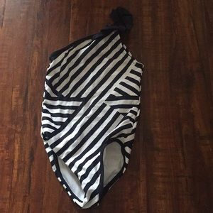 Blue and white striped bathing suit